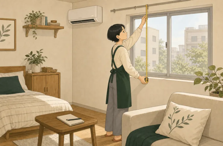 모아가 원룸 창가에서 줄자로 커튼 레일 위치부터 바닥 가까운 끝선까지 높이를 재는 일러스트