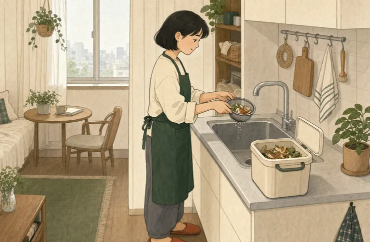 모아가 원룸 주방 싱크대에서 채소 껍질의 물기를 거름망으로 빼고 작은 음식물 용기를 준비하는 일러스트