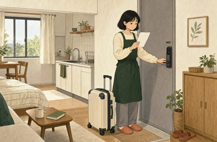 모아가 여행가방을 옆에 두고 원룸 현관문을 잠그기 전에 빈 점검표를 확인하는 일러스트