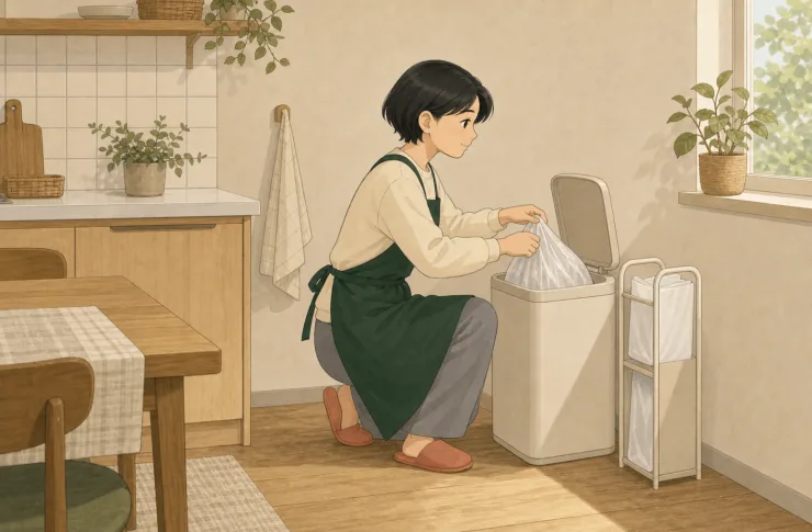 모아가 원룸 쓰레기통 옆 수납장에서 규격별 종량제봉투 한 장을 꺼내 새로 끼우는 일러스트