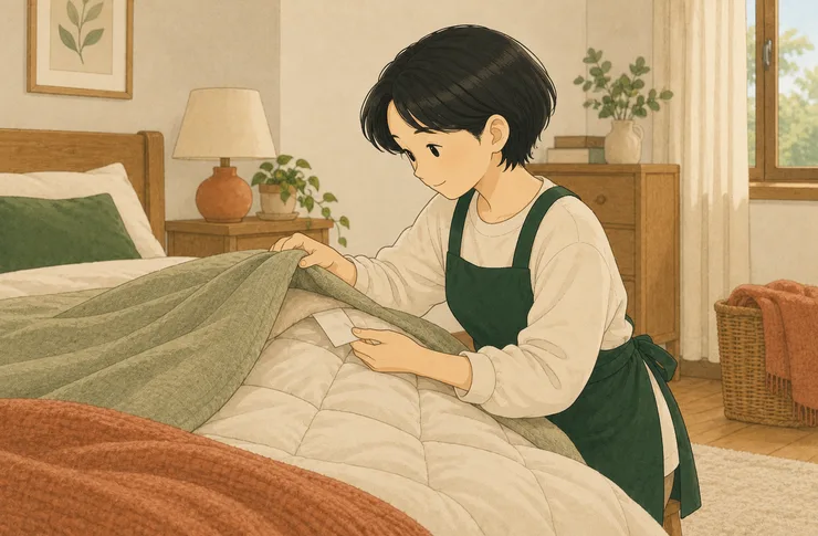 모아가 침대에서 여름 이불을 걷어내고 누빔 겨울 이불의 케어라벨을 확인하는 일러스트